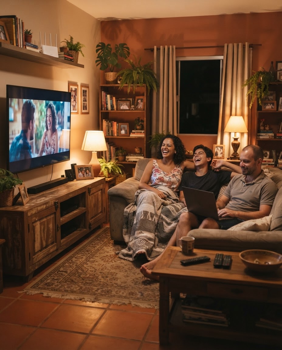 Família usando a internet fibra da Poanet